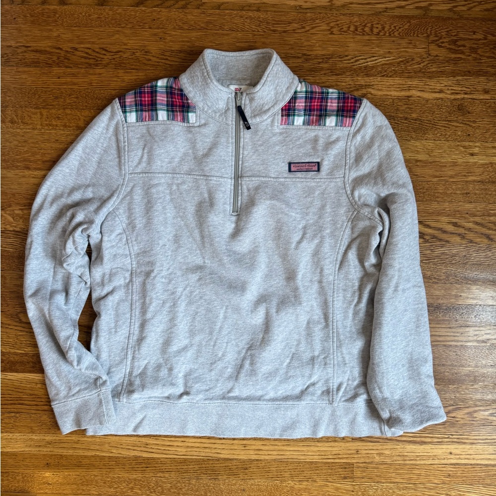 Vineyard Vines Men’s Gray Quarter-Zip Sweater with Plaid Shoulder Accents